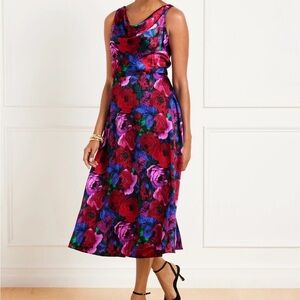 NWT Talbots Petites 16 Satin Floral Dress Cowl Neck Sleeveless Vibrant Midi
